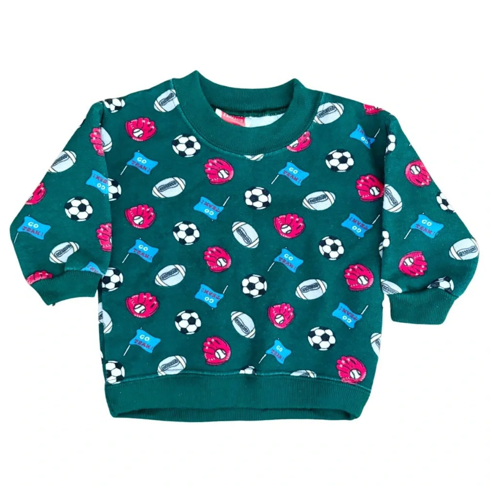 Vintage Kids Hanes Green Sports Print Crewneck Sweatshirt Size 6 Months